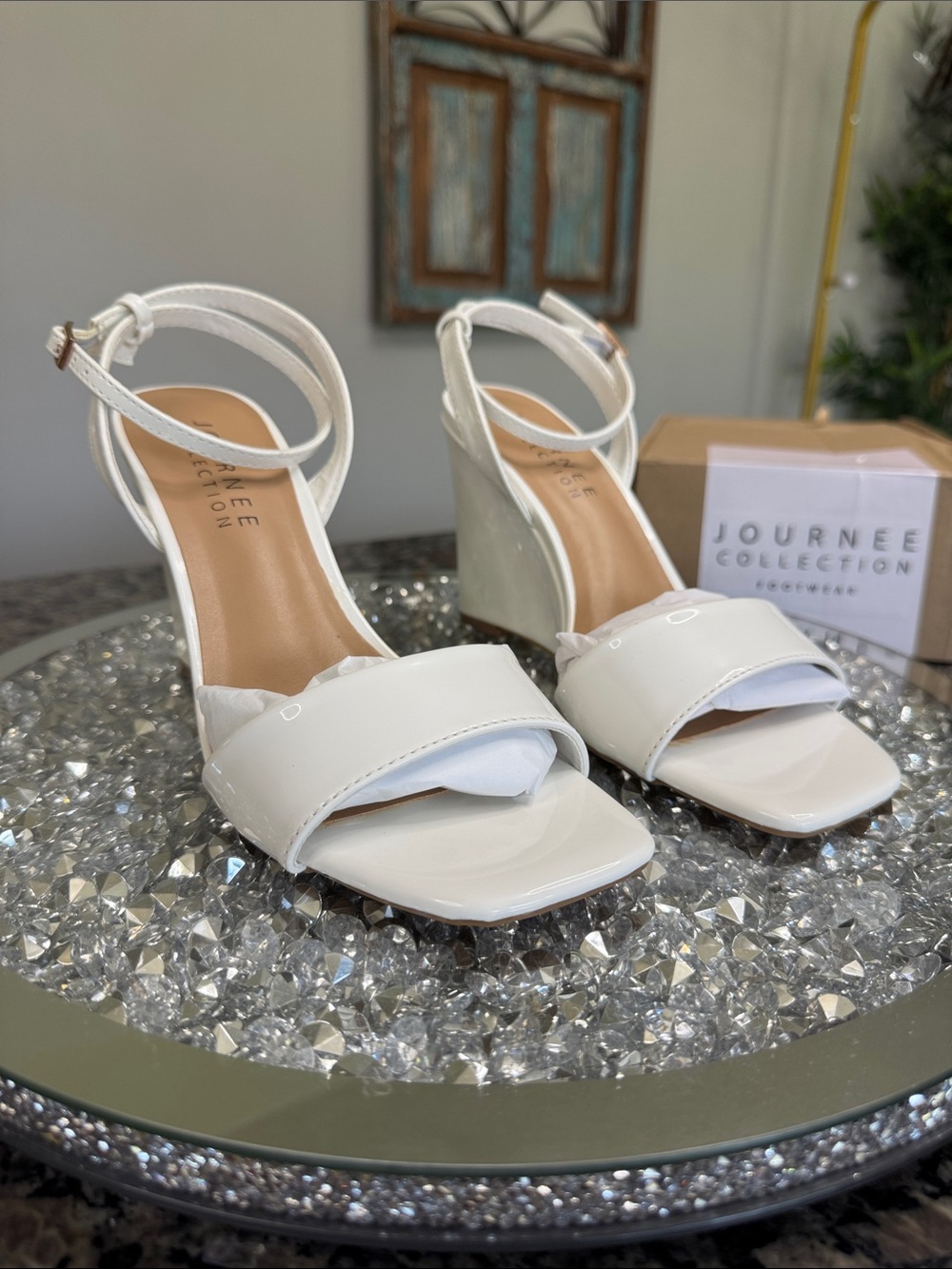 Journee Collection Konna White Patent wedge Heel Sandals with Ankle Strap NEW 9